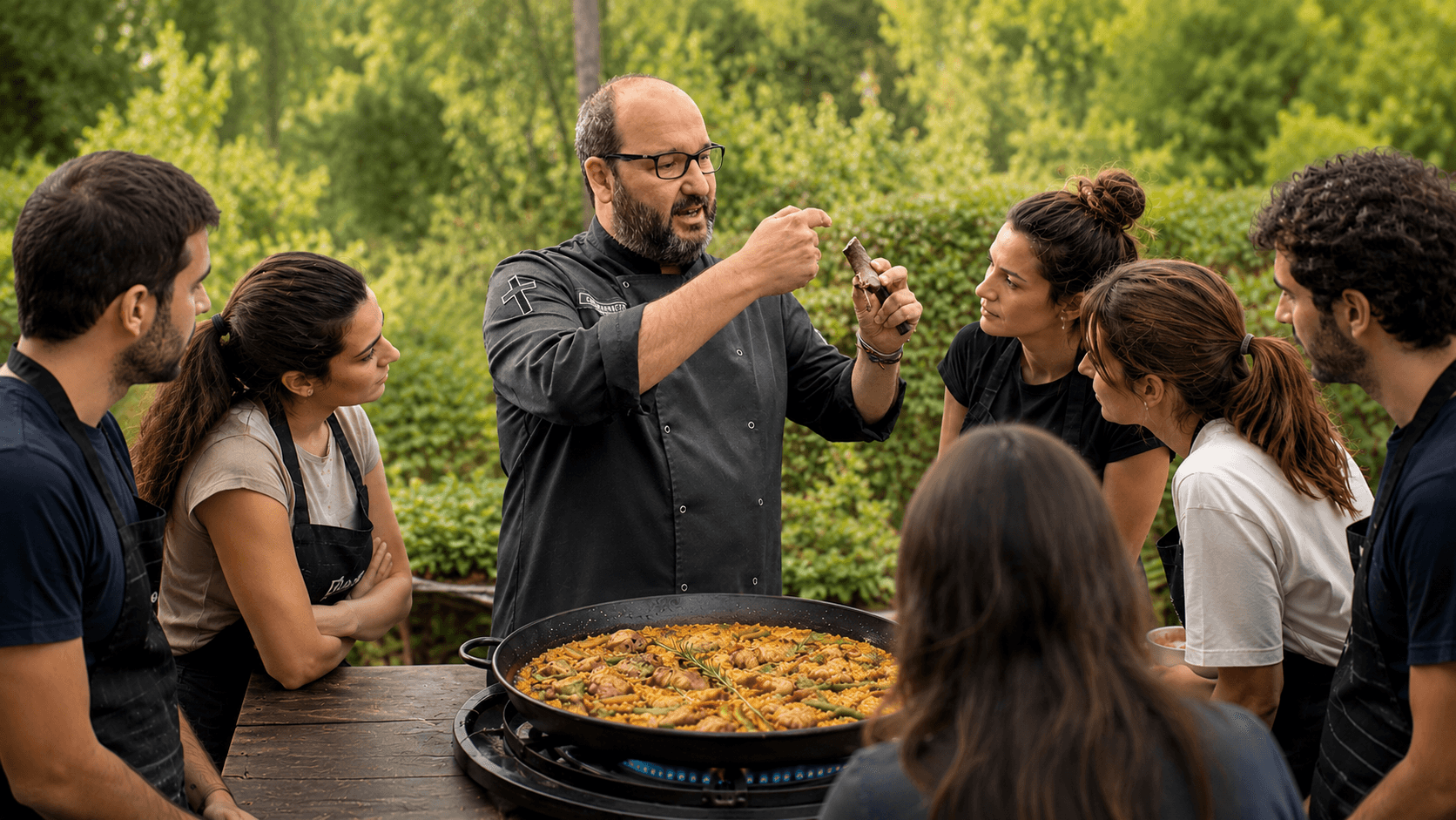 Master Chef Carlos Ripoll teaching a group of trainees around a live paella
